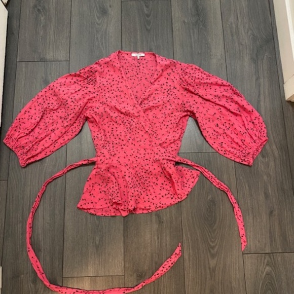 🩷GANNI Barra Hot Pink Crepe Wrap Balloon Sleeve Blouse Size EU 34 / US 2 - Picture 3 of 11